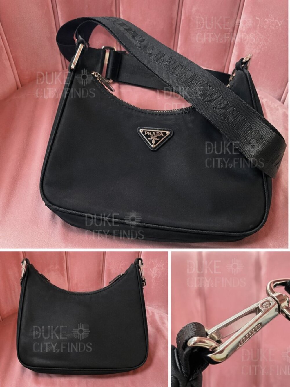 Black Nylon Prada Style Re-Edition Shoulder Bag with Removable Logo Strap